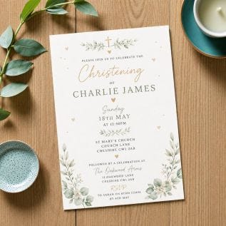 A personalised christening invitation with a green and gold theme.