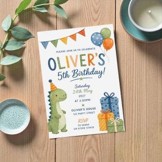 Personalised kids party invitation with a dinosaur theme.