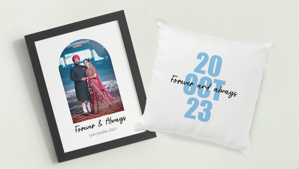 A custom photo frame accompanied by a plush pillow, perfect for showcasing special moments in a comfortable manner.