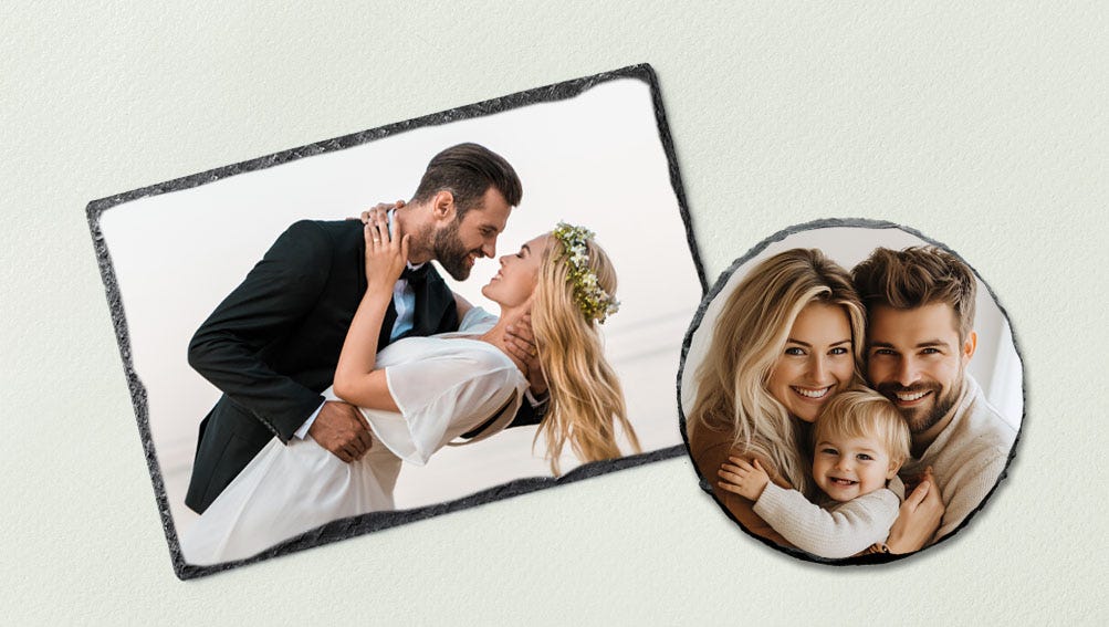 A wedding photo and a family portrait featuring a couple and their daughter, smiling together in a warm and joyful moment on a slate.