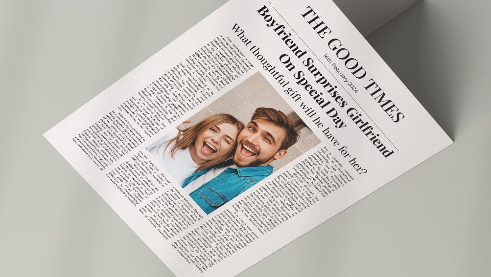Mockup of a newspaper titled "The Good News," showcasing a clean and modern design with engaging headlines with a photo of a couple.